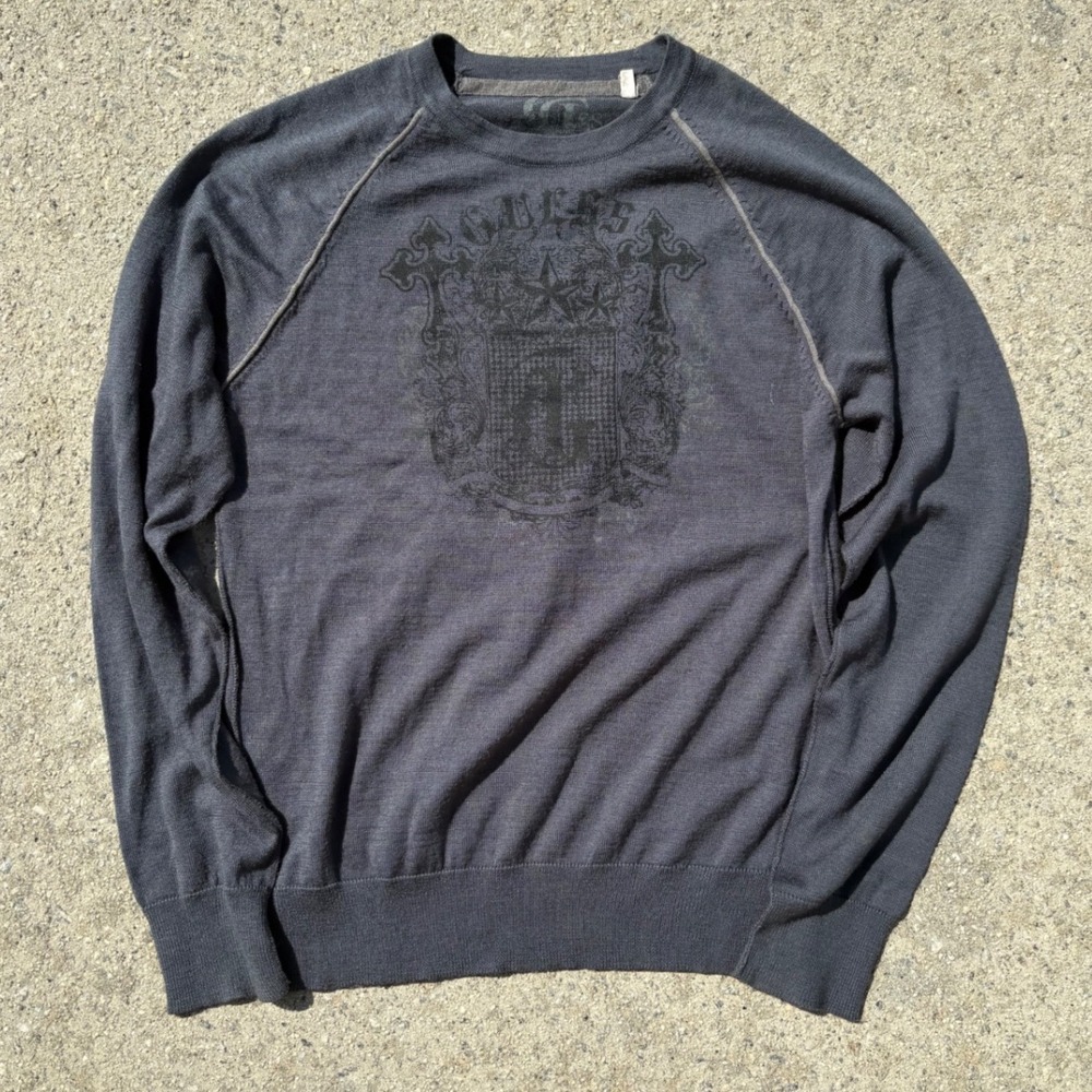 VTG Guess Mens Crewneck Sweater - Charcoal‎ Grey Graphic Raglan - Large